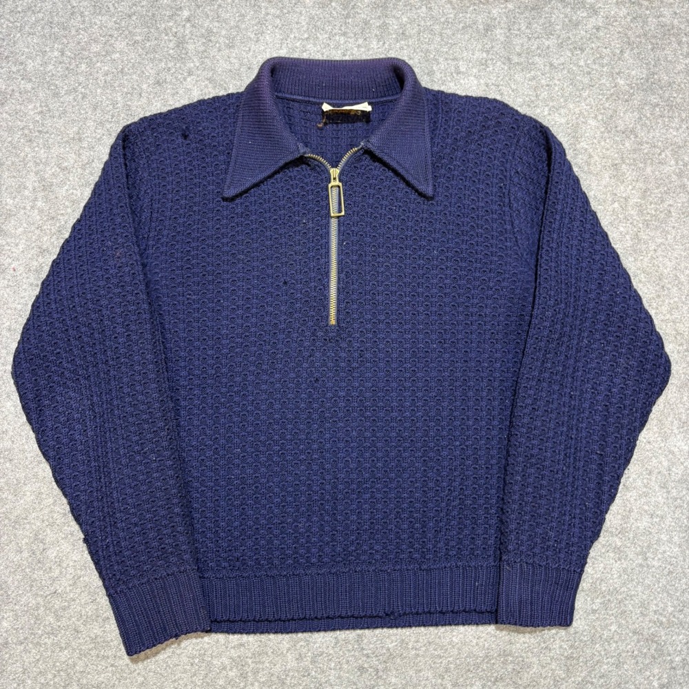 Vintage Lord Jeff Jeff-Ram Wool Quarter Zip Sweater Navy Blue Waffle Knit Mens M
